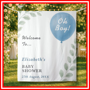 Oh Boy Balloon Eucalyptus Baby Shower Backdrop Tapestry