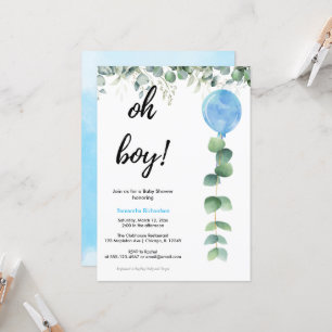 Oh Boy balloon greenery eucalyptus baby shower Invitation