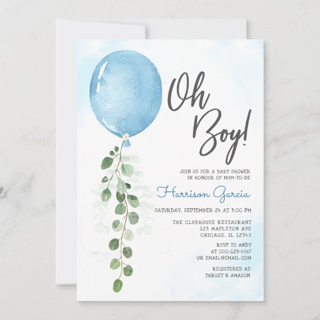 Oh Boy balloon greenery eucalyptus baby shower Invitation (Front)