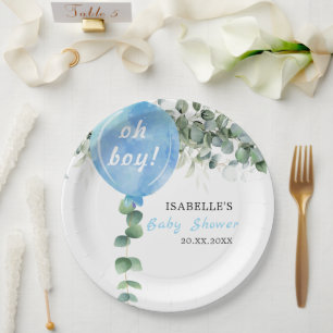 Oh Boy balloon greenery eucalyptus baby shower Paper Plate