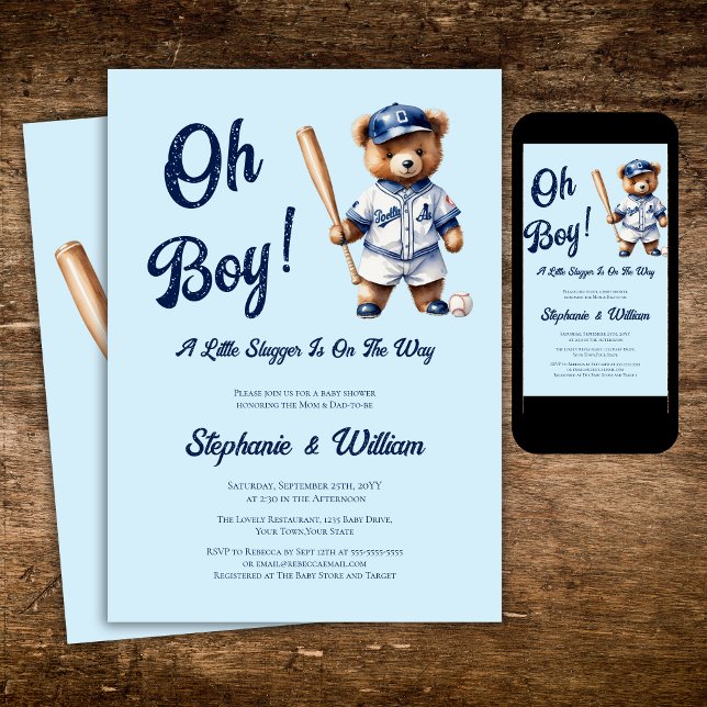 Oh Boy Baseball  Baby Shower Cute Bear Invitation (Creator Uploaded)