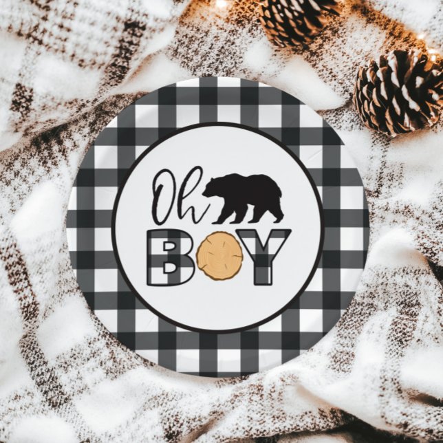 Oh Boy Bear black Buffalo Plaid Baby Shower Paper Plate (Creator Uploaded)