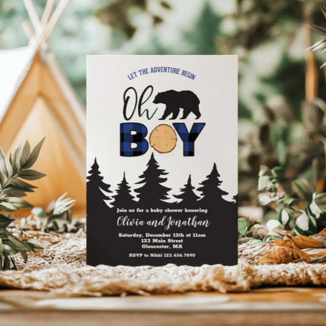 Oh Boy Bear blue Buffalo Plaid Baby Shower Invitation (Creator Uploaded)