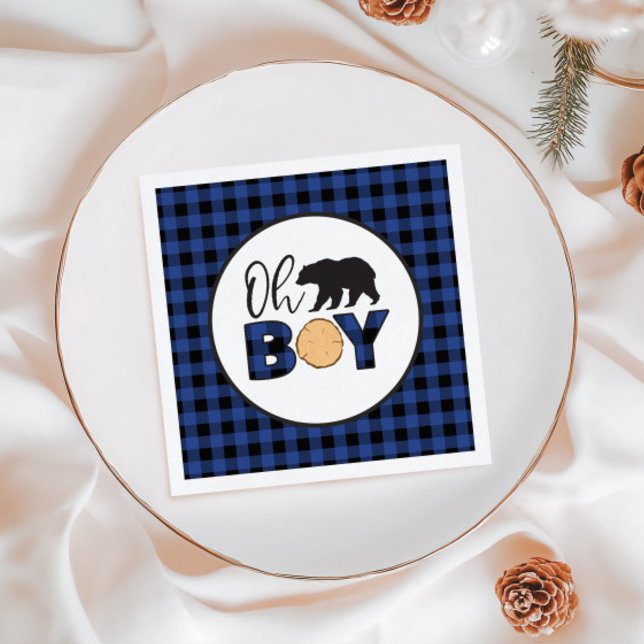 Oh Boy Bear blue Buffalo Plaid Baby Shower Napkin (Creator Uploaded)