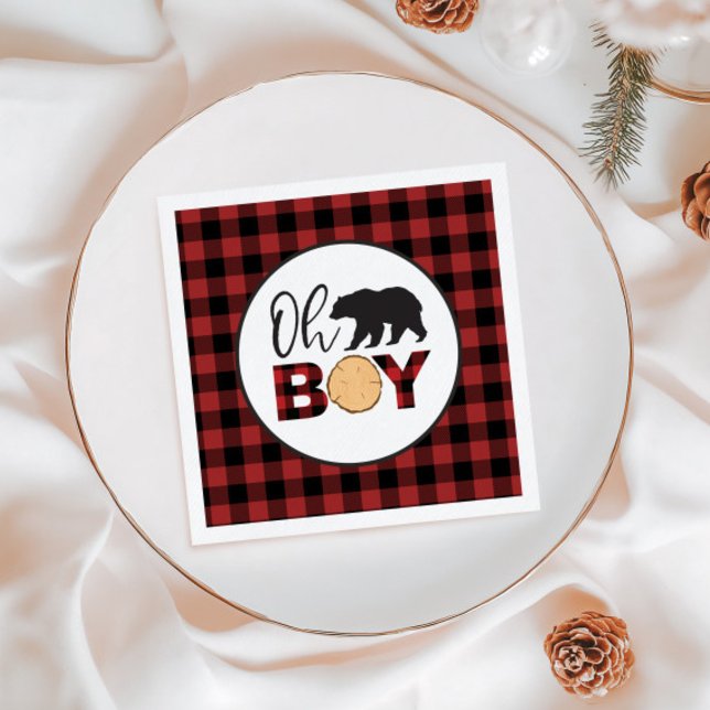 Oh Boy Bear Buffalo Plaid Baby Shower Napkin (Creator Uploaded)