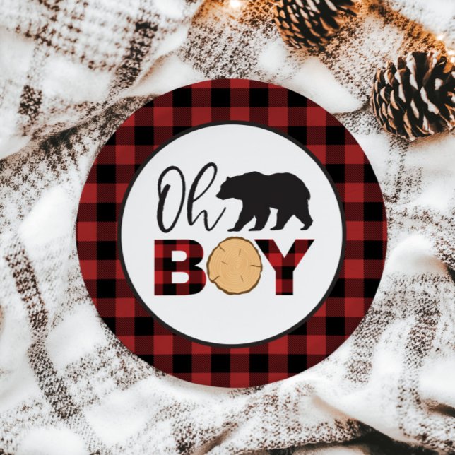 Oh Boy Bear Buffalo Plaid Baby Shower Paper Plate (Creator Uploaded)
