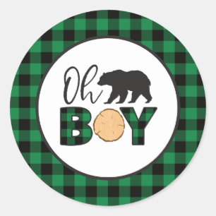 Oh Boy Bear green Buffalo Plaid Baby Shower Classic Round Sticker