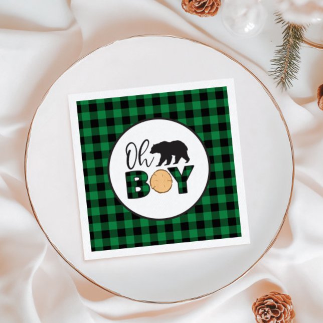 Oh Boy Bear green Buffalo Plaid Baby Shower Napkin (Creator Uploaded)