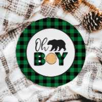 Oh Boy Bear green Buffalo Plaid Baby Shower