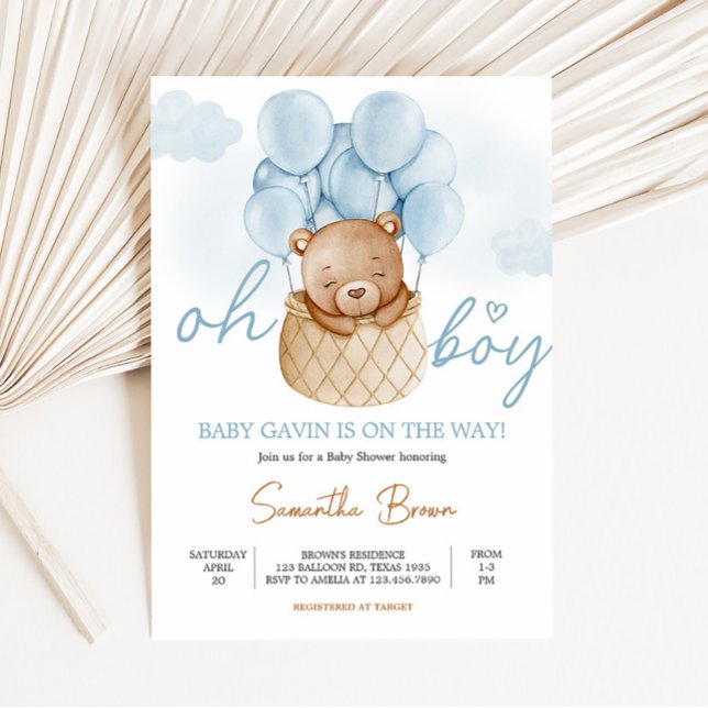 Oh Boy Bear Hot Air Balloon Baby Shower Invitation (Blue Boho Bear Baby Shower Invitation)