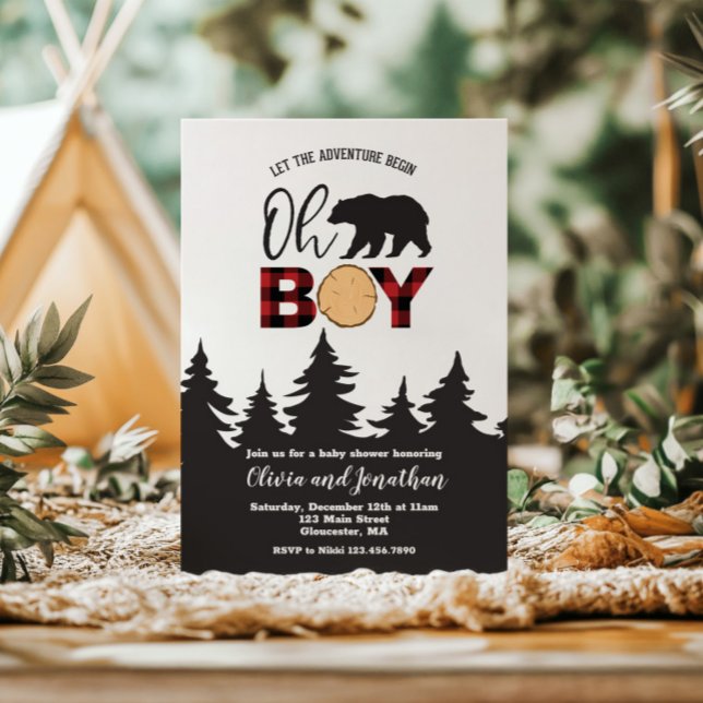 Oh Boy Bear Red Buffalo Plaid Baby Shower Invitation (Creator Uploaded)