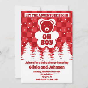 Oh Boy Bear Red Chequerboard Baby Shower Invitation