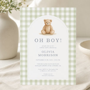 Oh Boy Bear Sage Green Gingham Baby Shower Invitation