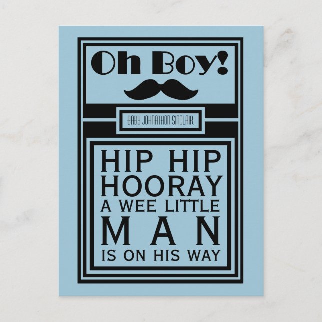 Oh Boy Black Moustache New Baby Boy Announcement (Front)