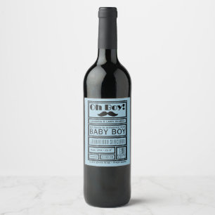 Oh Boy Black Moustache New Baby Boy Announcement Wine Label