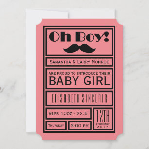 Oh Boy Black Moustache New Baby Girl Announcement