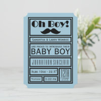 Oh Boy Black Mustache New Baby Boy Announcement