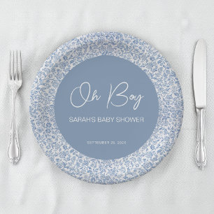 Oh Boy Blue and White Floral Pattern Baby Shower Paper Plate