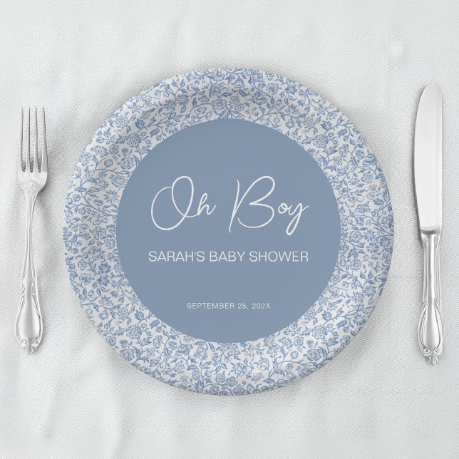 Oh Boy Blue and White Floral Pattern Baby Shower Paper Plate (Creator Uploaded)