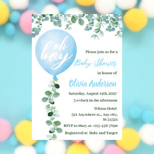 Oh Boy,Blue Balloon and Greenery Theme Baby Shower Invitation