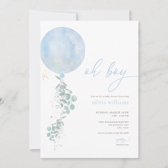 Oh Boy Blue Balloon Baby Shower Invitation  (Front)