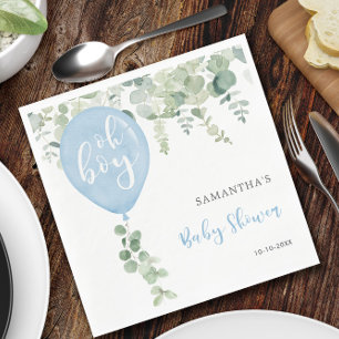 Oh boy blue balloon boy baby shower greenery napkin