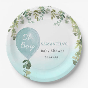 Oh boy blue balloon cute greenery baby shower paper plate