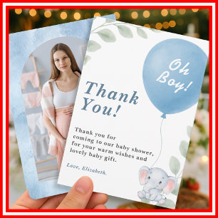 Oh Boy Blue Balloon Elephant Baby Shower PHOTO Thank You Card