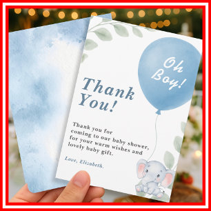 Oh Boy Blue Balloon Elephant Baby Shower Thank You Card