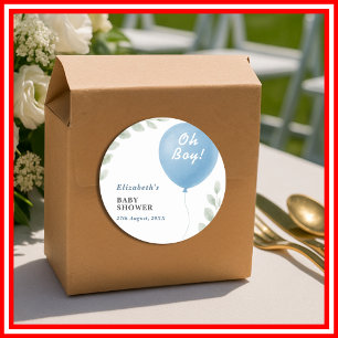 Oh Boy Blue Balloon Eucalyptus Baby Shower Classic Round Sticker