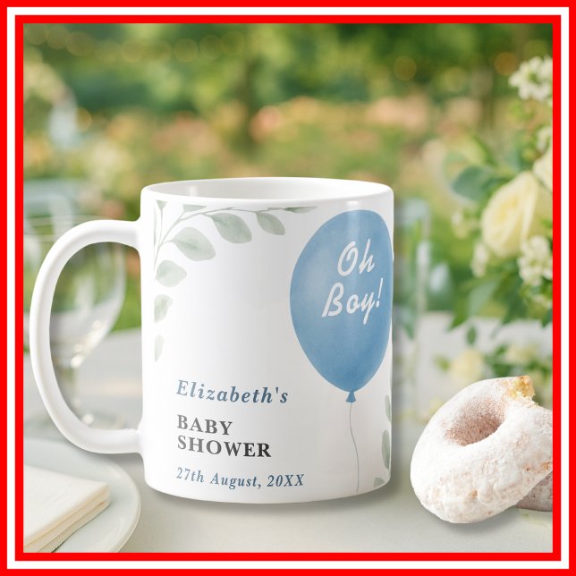 Oh Boy Blue Balloon Eucalyptus Baby Shower Coffee Mug (Creator Uploaded)