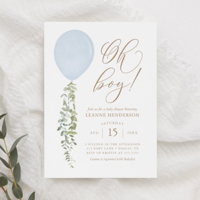Oh Boy Blue Balloon Eucalyptus Baby Shower Invitat Invitation (Creator Uploaded)