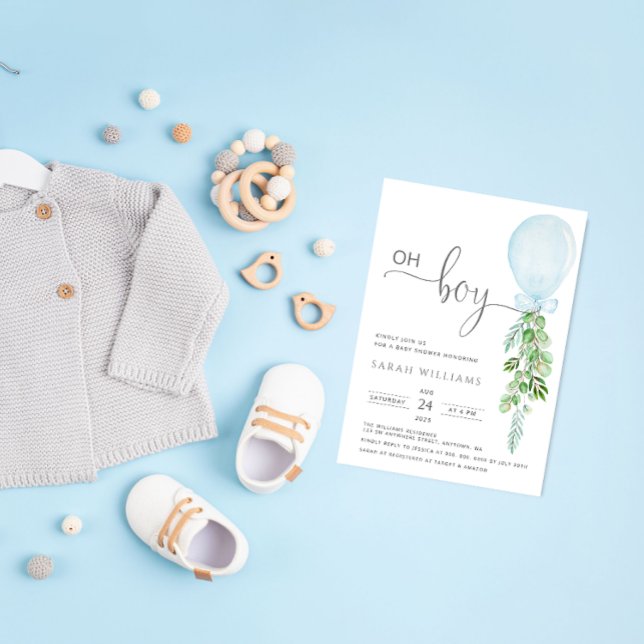 Oh Boy Blue Balloon Eucalyptus Baby Shower Invitat Invitation (Creator Uploaded)