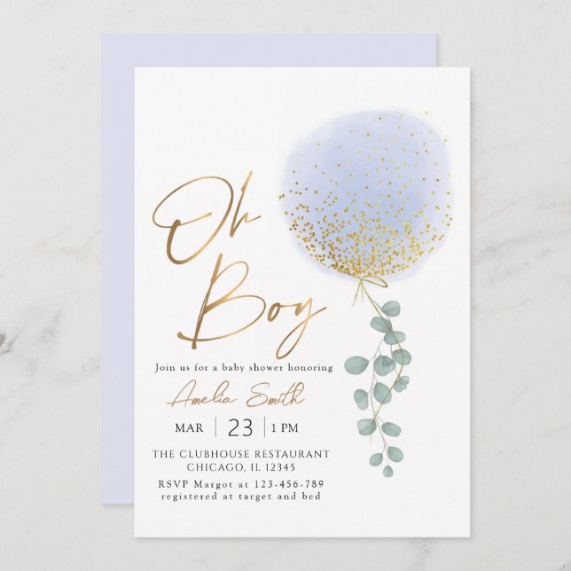 Oh Boy Blue Balloon Eucalyptus Baby Shower Invitation (Front/Back)