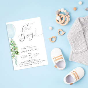 Oh Boy Blue Balloon Eucalyptus Baby Shower  Invitation