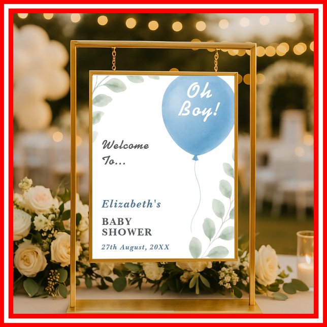 Oh Boy Blue Balloon Eucalyptus Baby Shower Welcome Poster (Creator Uploaded)