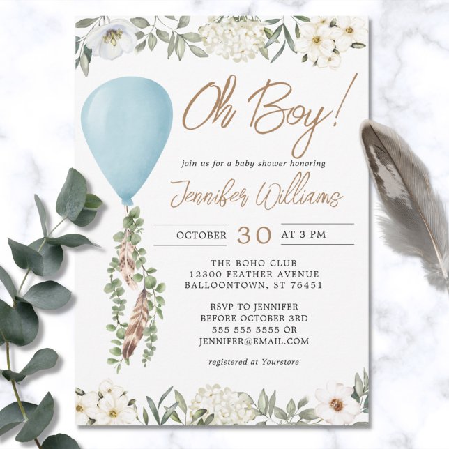 Oh Boy Blue Balloon Eucalyptus Flowers Baby Shower Invitation (Creator Uploaded)