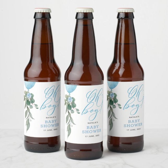 Oh Boy Blue Balloon Greenery Baby Shower Beer Bottle Label (Bottles)