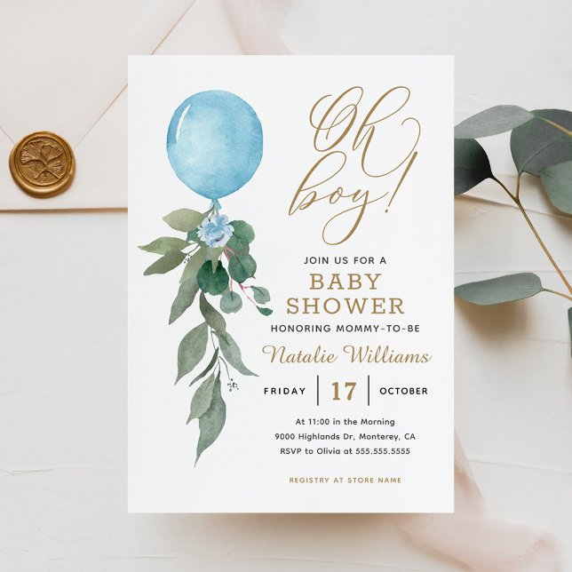 Oh Boy Blue Balloon Greenery Baby Shower Invitation (Creator Uploaded)