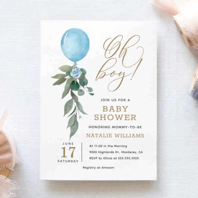 Oh Boy Blue Balloon Greenery Baby Shower Invitation (Creator Uploaded)