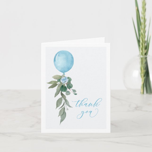 Oh Boy Blue Balloon Greenery Baby Shower Thank You Card (Front)