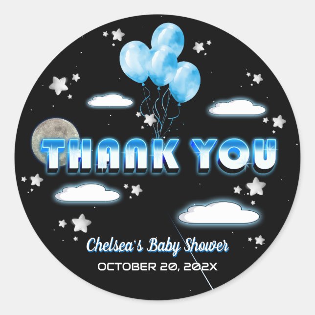 Oh Boy Blue Balloons Galaxy Baby Shower Thank You Classic Round Sticker (Front)