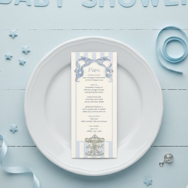 Oh Boy Blue Bow Carousel Baby Shower Menu Card  (Creator Uploaded)