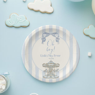 Oh Boy Blue Bow Carousel French Baby Shower Paper Plate