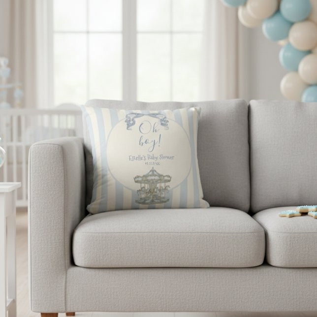 Oh Boy Blue Bow Carousel Horse Circus Baby Shower  Cushion (Creator Uploaded)