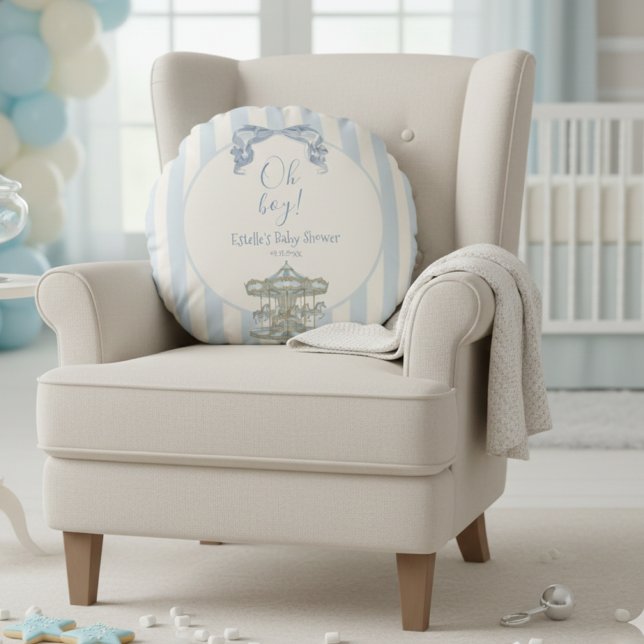 Oh Boy Blue Bow Carousel Stripe Baby Shower Round Cushion (Creator Uploaded)