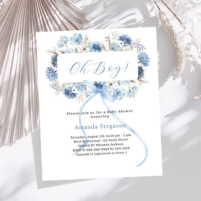 Oh boy blue bow floral Baby Shower invitation (Creator Uploaded)