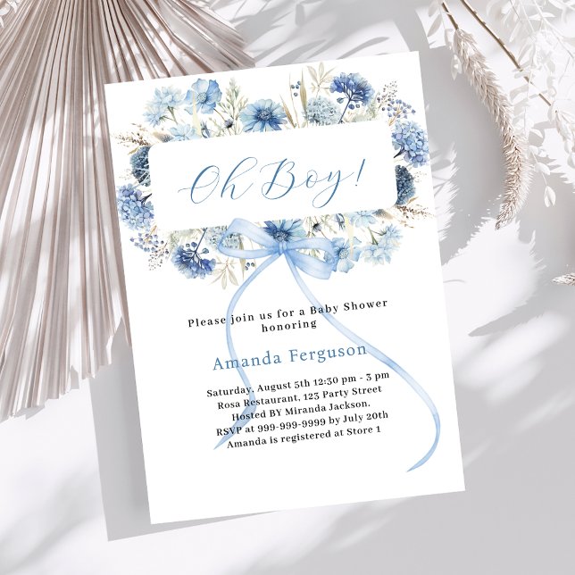 Oh boy blue bow florals Baby Shower Invitation (Creator Uploaded)