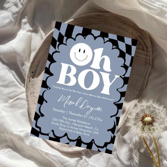 Oh Boy! Blue Checkered Happy Face Baby Shower Invitation (Creator Uploaded)