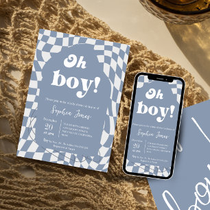 Oh Boy! Blue Chequered   Gingham   baby shower Invitation